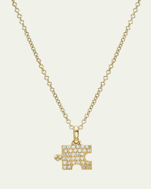 14K Yellow Gold Pave Diamond Puzzle Piece Necklace
